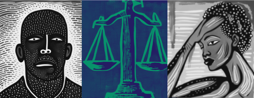 Man and woman juxtaposed around scales of justice