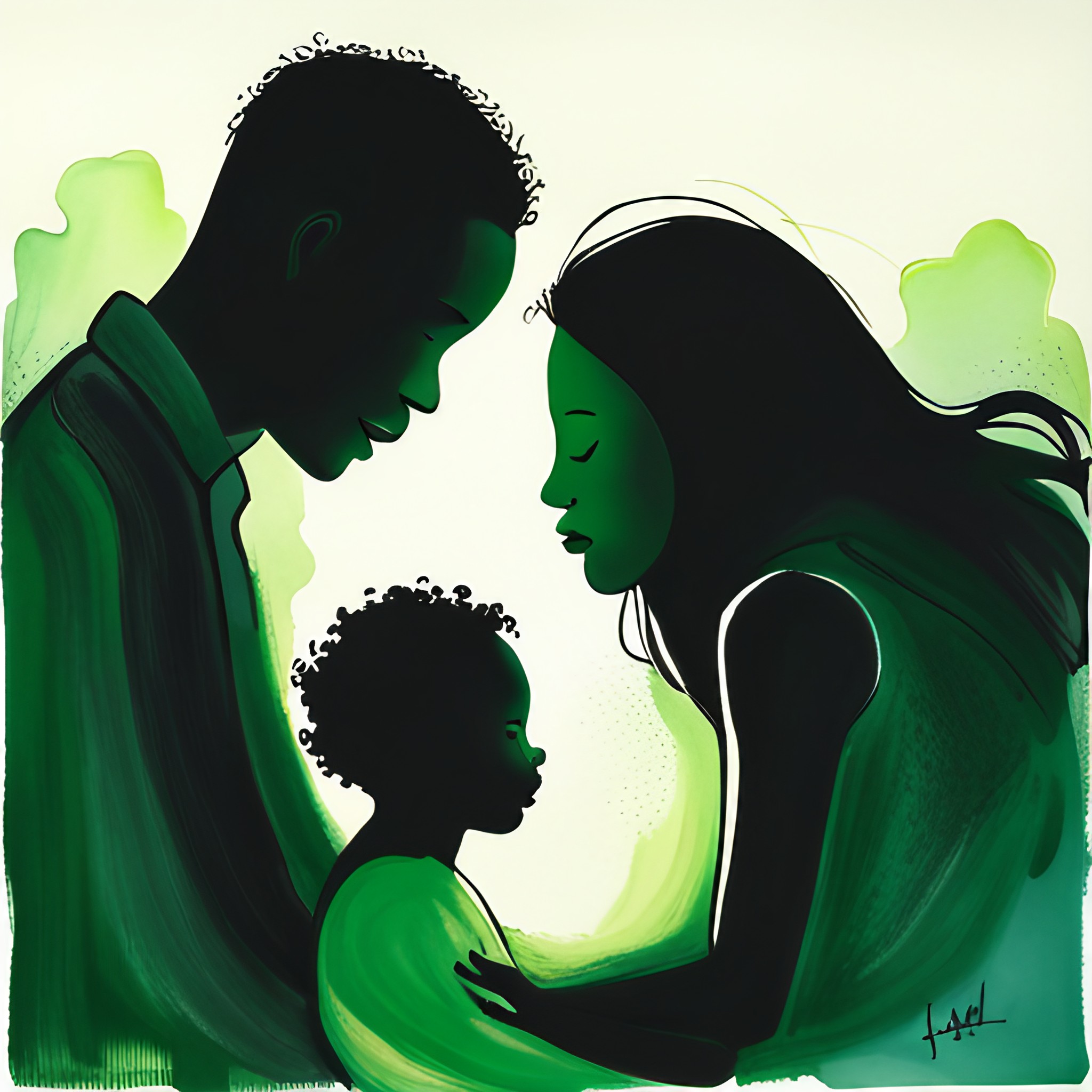 A father and mother face each other with a toddler in the middle. Shades of green.