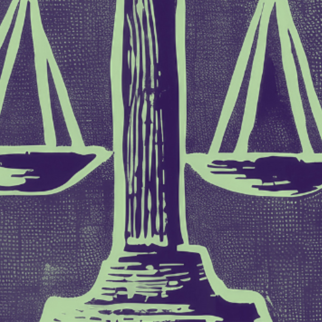 The weighing of justice in a linocut print in purple and green