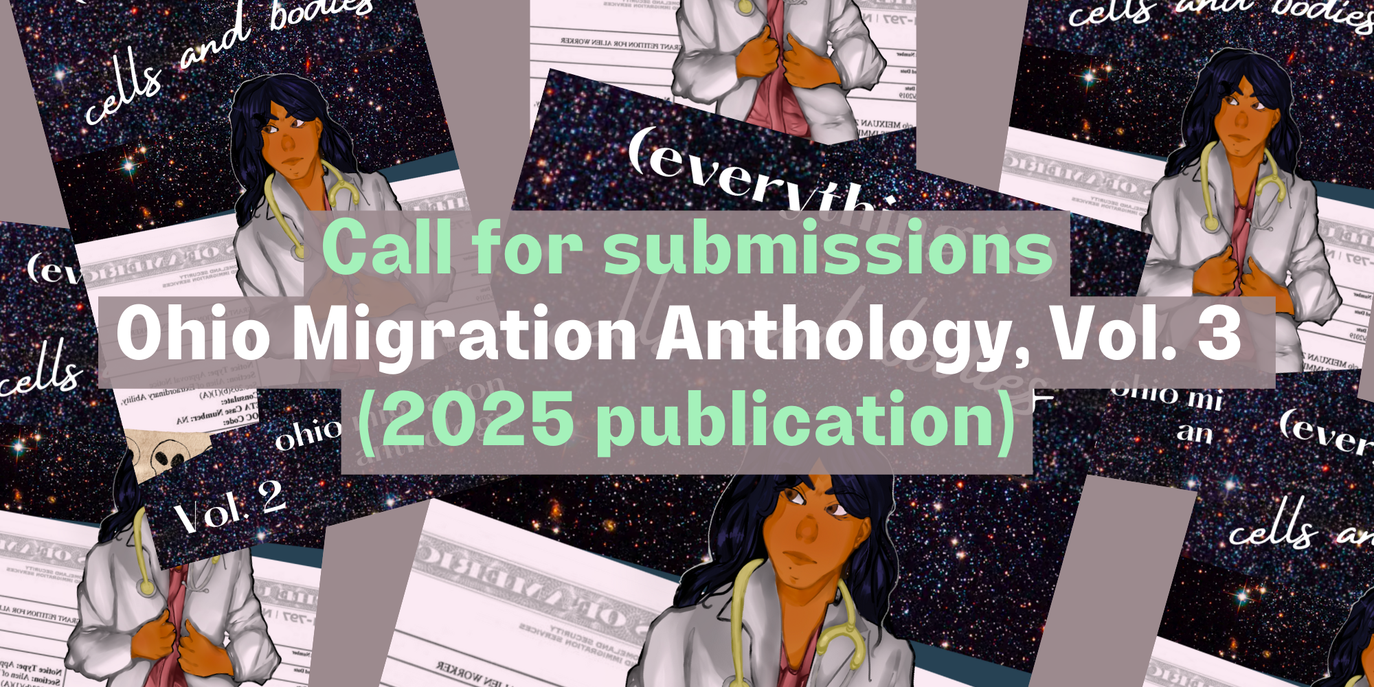 Cover image from Ohio Migration Anthology Volume 2, with a call for submissions for Volume 3.