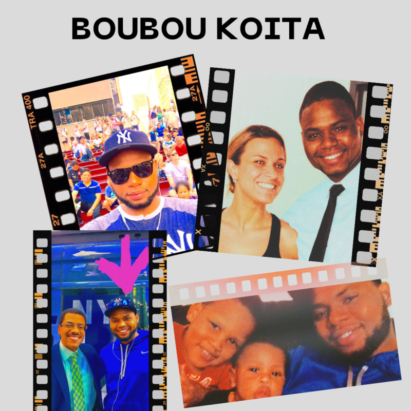 Film strip type images of a man from NYC who was deported to Mali, including posing with celebrities and relatives.