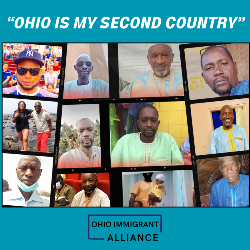 "Ohio is my second country" appears in white above a photo montage of a dozen Black men who immigrated to the US, followed by the Ohio Immigrant Alliance logo