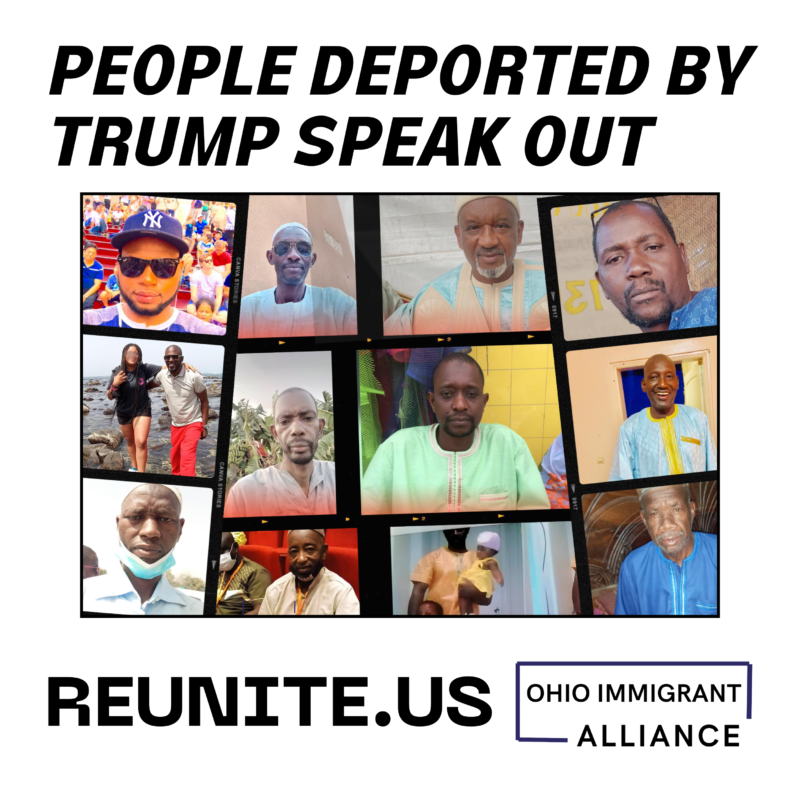 A photo montage of Black men wearing various colors of dress appears with the words "People deported by Trump speak out," the Ohio Immigrant Alliance logo, and the website reunite.us