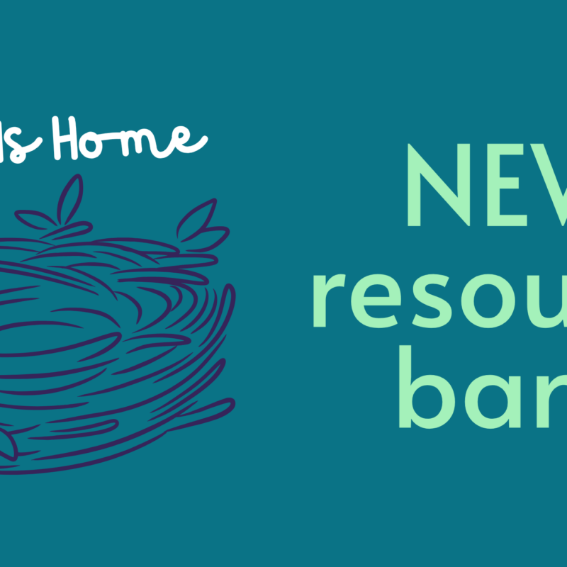 On dark teal background, white cursive words saying "Ohio Is Home" appear above a navy-blue graphic birds' nest, to the left of neon green words reading "NEW resource bank."