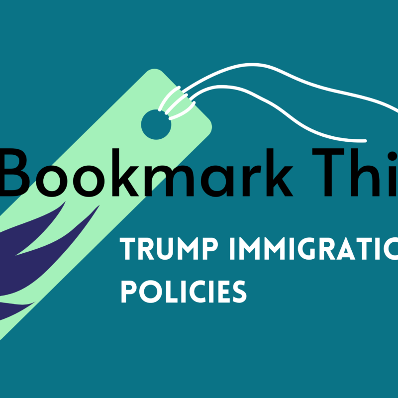 A dark teal background, with a neon green bookmark with white string and a dark blue-purple leaf motif on the bookmark. The words "Bookmark This" appear in large font in black, and the words "Trump immigration policies" appear in white undernearth.