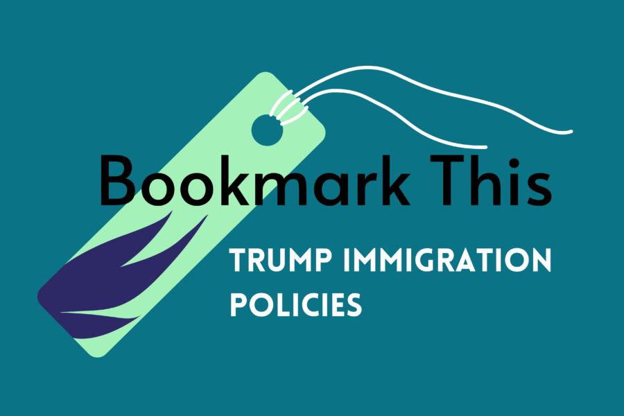 A dark teal background, with a neon green bookmark with white string and a dark blue-purple leaf motif on the bookmark. The words "Bookmark This" appear in large font in black, and the words "Trump immigration policies" appear in white undernearth.