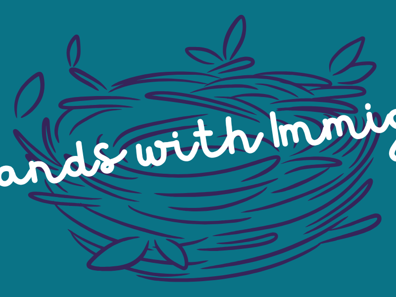 A dark teal background with a dark blue graphic of a bird's nest. The words "Ohio Stands With Immigrants" appears in white cursive overlay.