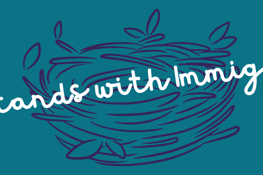 A dark teal background with a dark blue graphic of a bird's nest. The words "Ohio Stands With Immigrants" appears in white cursive overlay.