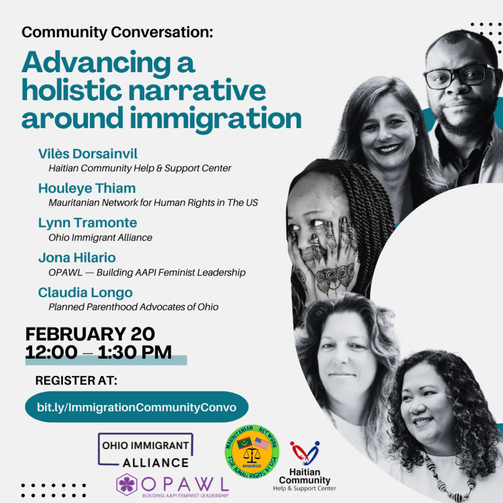 The words "Community Conversation" and "Advancing a Holistic Narrative Around Immigration" appear to the left, with photos of a Black man with glasses, a Latina woman with bangs, a Black woman with henna on her hands, a white woman with bangs, an Asian American woman wearing a necklace looking to the left. Their names and titles appear along with the date and time of the briefing and the registration link, on top of their organizational logos.