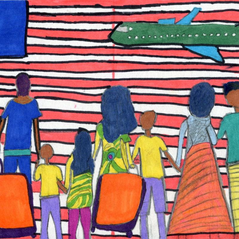 A drawing of an American flag with a green plane flying over it, upper right. There is an African family in colorful clothing, carrying suitcases, facing the flag.