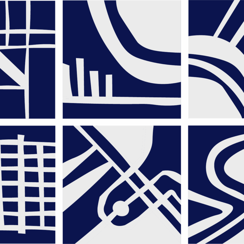 Six different geometric patterns in linotype style, in navy blue.
