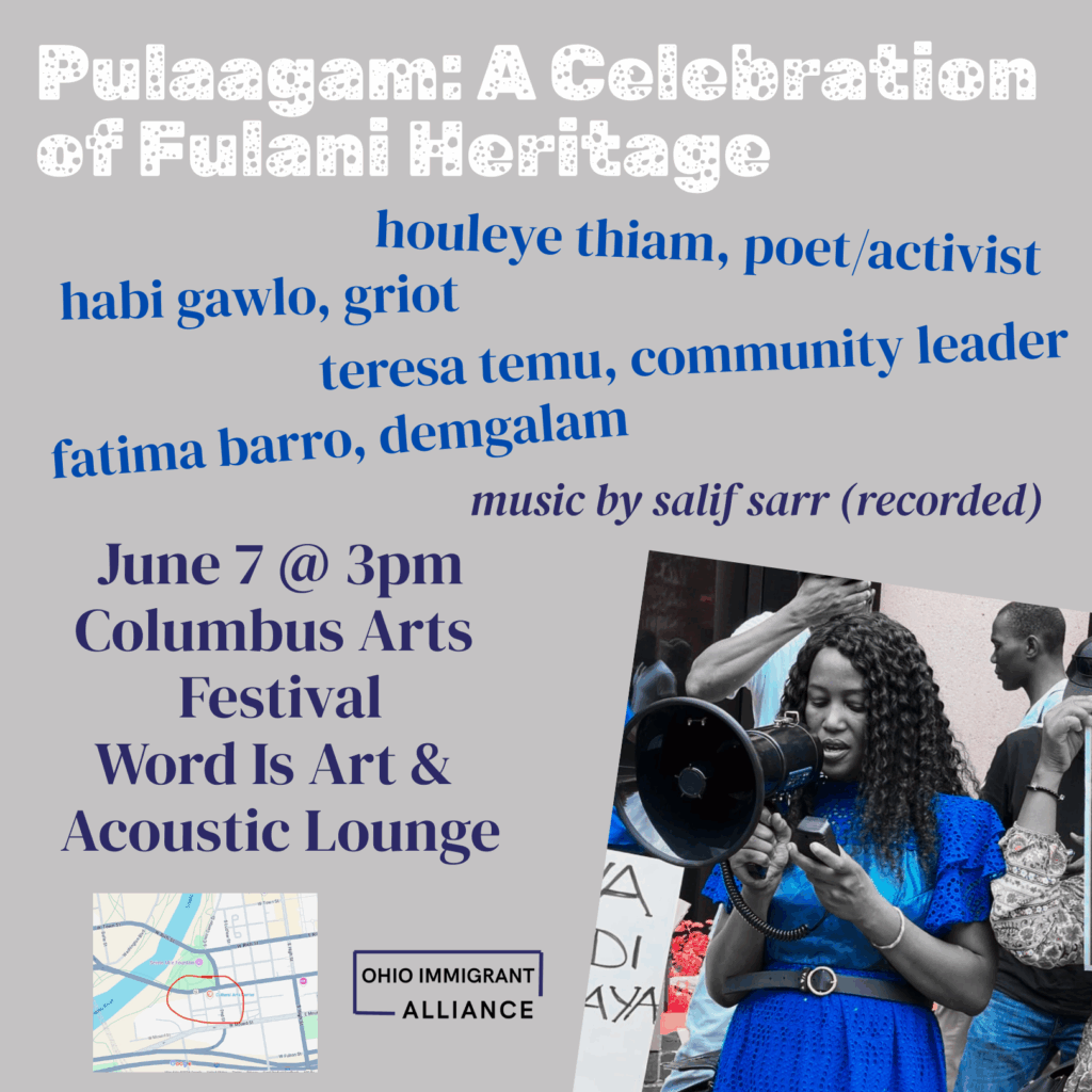 In white bubble text the words "Pulaagam: A Celebration of Fulani Heritage" to the left of a Black woman in a blue dress with a megaphone, followed by details of the event.