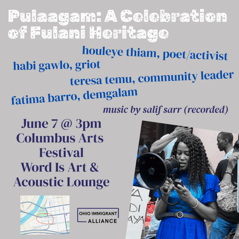 In white bubble text the words "Pulaagam: A Celebration of Fulani Heritage" to the left of a Black woman in a blue dress with a megaphone, followed by details of the event.